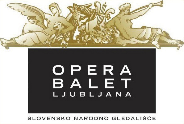 Opern- und Ballettlogo mit zwei goldenen klassischen Figuren über der Aufschrift "Opera Balet Ljubljana" und "Slovensko Narodno Gledališče" darunter.