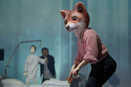 Eine Person mit einer großen Fuchsmaske und einem rosafarbenen Pullover steht im Vordergrund, während im Hintergrund ein Krankenhausbett und zwei Figuren verschwommen zu sehen sind.