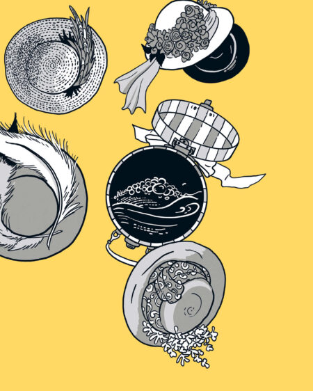 Fünf illustrierte Vintage-Hüte mit verschiedenen Mustern und dekorativen Details, die auf einem gelben Hintergrund angeordnet sind.