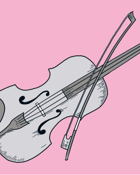 Eine handgezeichnete Illustration einer Geige und eines Bogens auf einem rosa Hintergrund.