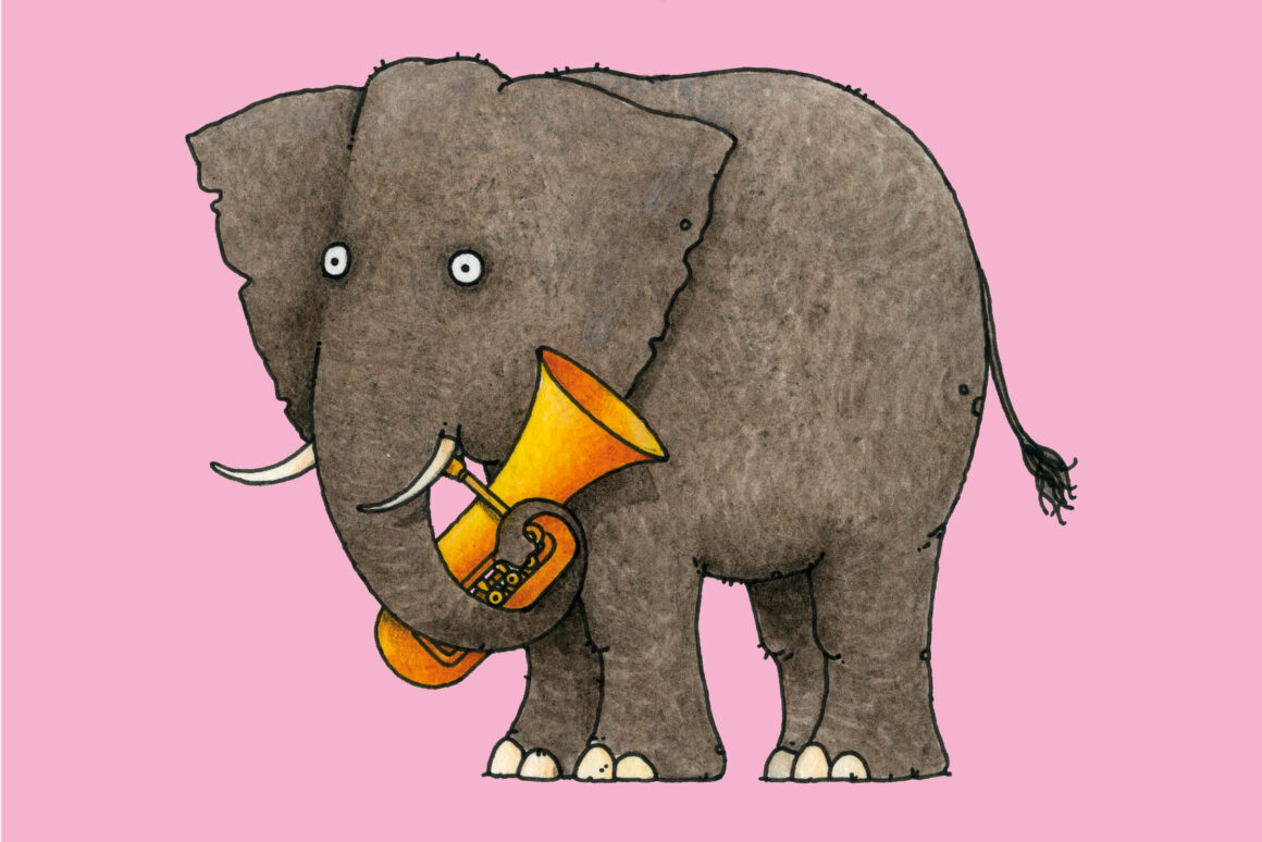 Ein Cartoon-Elefant, der mit seinem Rüssel eine gelbe Tuba hält, steht auf einem rosa Hintergrund.