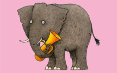 Ein Cartoon-Elefant, der mit seinem Rüssel eine gelbe Tuba hält, steht auf einem rosa Hintergrund.