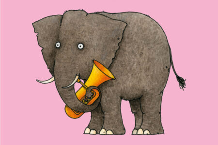 Ein Cartoon-Elefant, der mit seinem Rüssel eine gelbe Tuba hält, steht auf einem rosa Hintergrund.