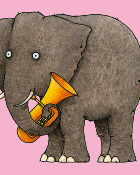 Ein Cartoon-Elefant, der mit seinem Rüssel eine gelbe Tuba hält, steht auf einem rosa Hintergrund.