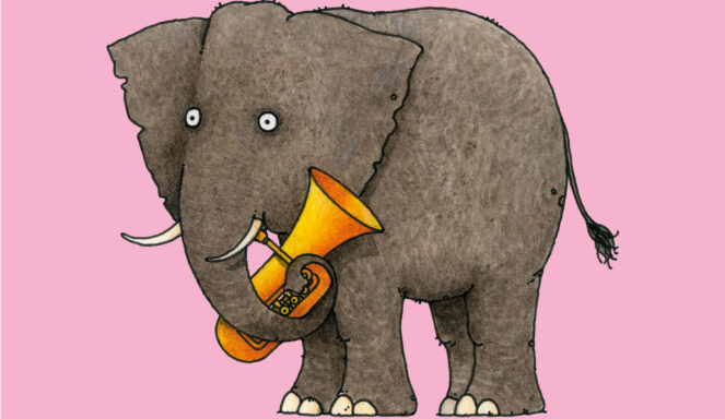Ein Cartoon-Elefant, der mit seinem Rüssel eine gelbe Tuba hält, steht auf einem rosa Hintergrund.