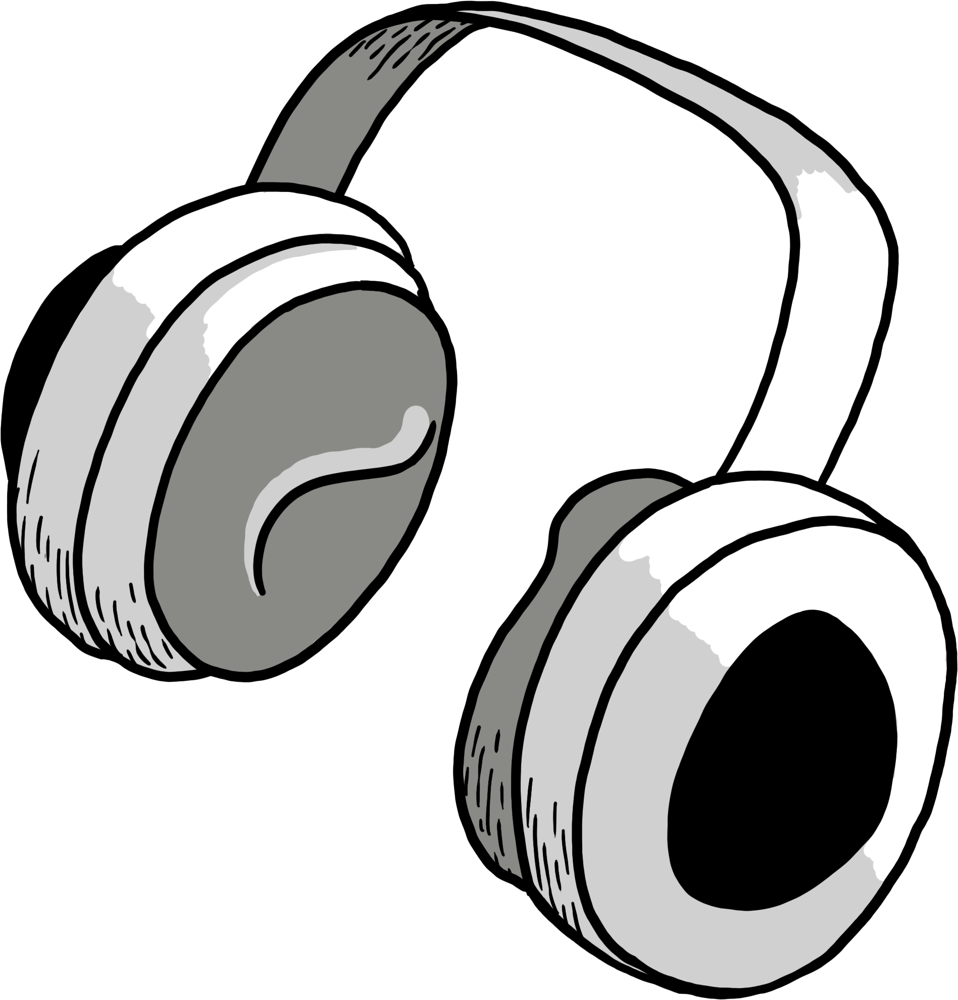 Schwarz-Weiß-Abbildung eines Over-Ear-Kopfhörers mit dick gepolsterten Ohrpolstern und einem gebogenen Kopfbügel.