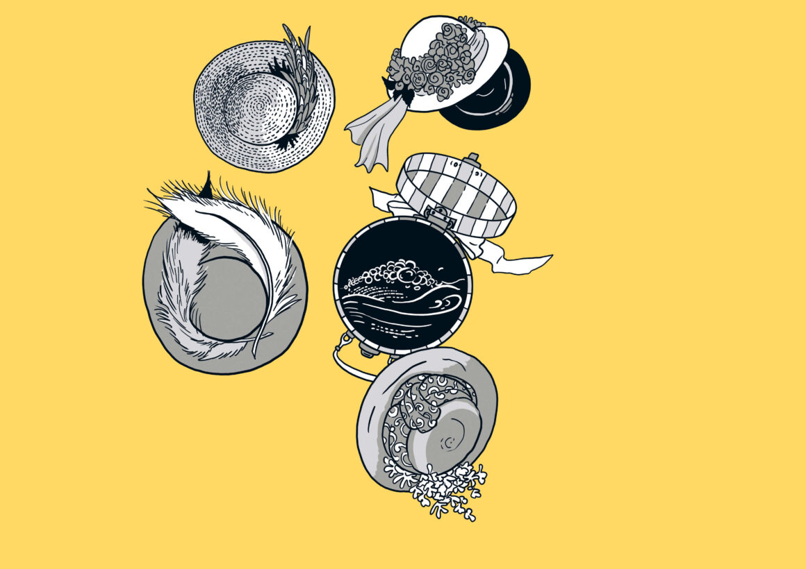 Auf gelbem Hintergrund sind fünf Hüte im Vintage-Stil mit verschiedenen Verzierungen abgebildet, die vertikal mit unterschiedlichen Mustern und Details angeordnet sind.