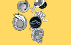 Auf gelbem Hintergrund sind fünf Hüte im Vintage-Stil mit verschiedenen Verzierungen abgebildet, die vertikal mit unterschiedlichen Mustern und Details angeordnet sind.