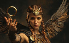 Eine grimmige Walküre mit geflochtenem Haar, geflügelter Rüstung und goldener Krone hält einen glühenden Ring in die Höhe, ihre Flügel weit ausgebreitet hinter sich.