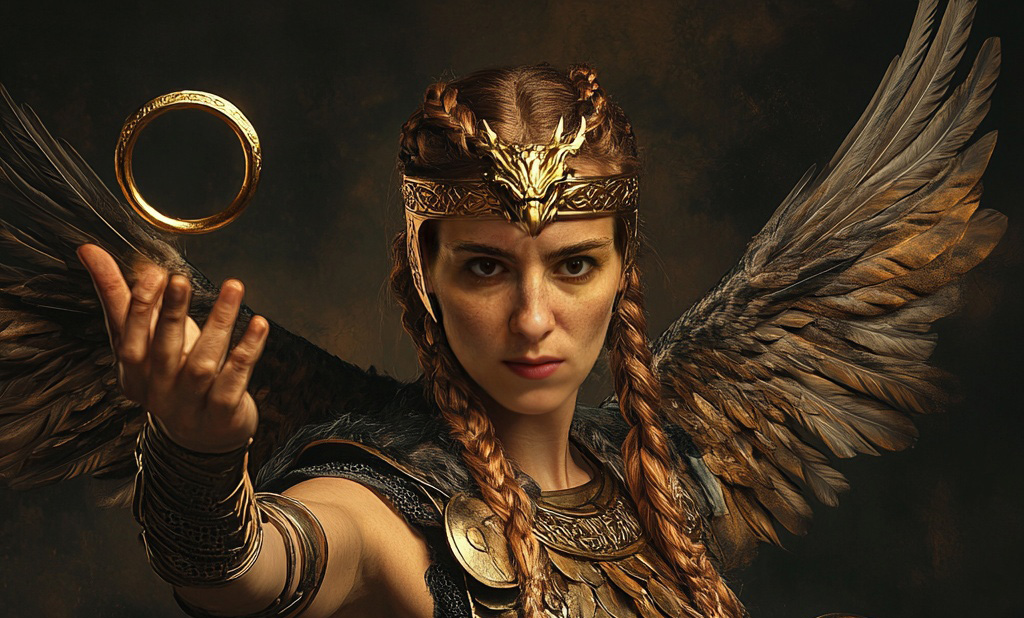 Eine grimmige Walküre mit geflochtenem Haar, geflügelter Rüstung und goldener Krone hält einen glühenden Ring in die Höhe, ihre Flügel weit ausgebreitet hinter sich.