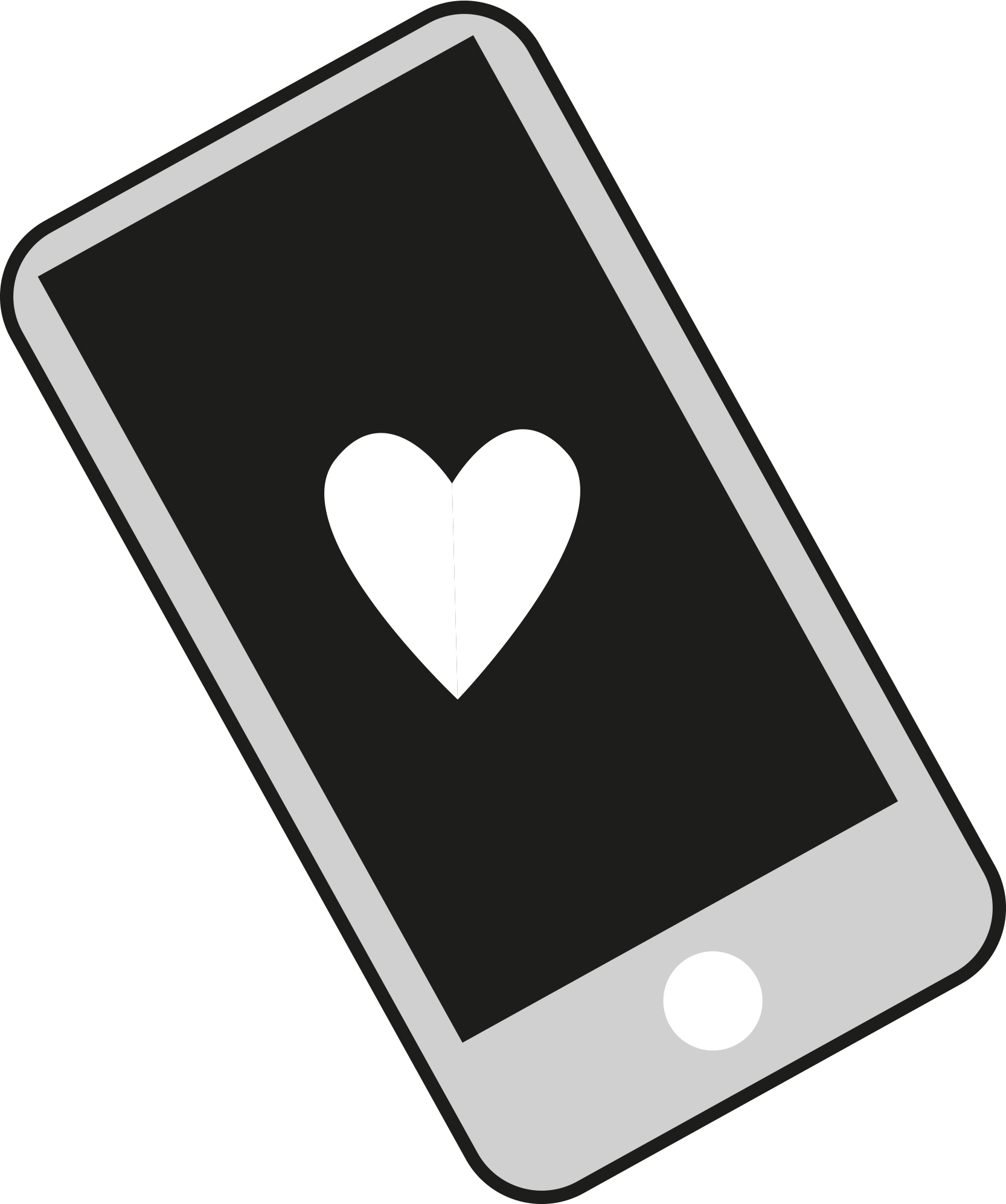 Ein Smartphone mit einem weißen Herzsymbol auf dem dunklen Bildschirm, schräg dargestellt.