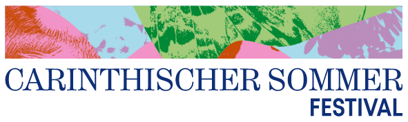 Carinthischer Sommer Festival Logo mit bunten abstrakten Formen über fett blauem Text auf hellem Hintergrund.