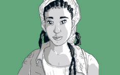 Schwarz-Weiß-Illustration einer Frau mit geflochtenen Haaren, die ein gemustertes Kopftuch und eine Jacke trägt, vor grünem Hintergrund.