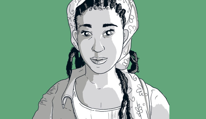 Schwarz-Weiß-Illustration einer Frau mit geflochtenen Haaren, die ein gemustertes Kopftuch und eine Jacke trägt, vor grünem Hintergrund.