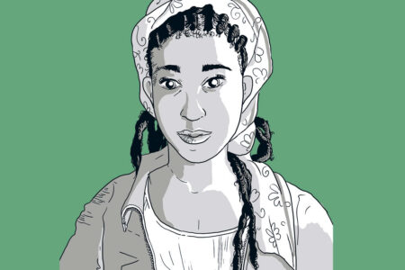 Illustration einer jungen Frau mit Zöpfen, die ein gemustertes Kopftuch und eine Jacke trägt, vor einem einfarbigen grünen Hintergrund.