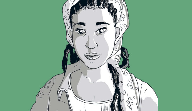Illustration einer jungen Frau mit Zöpfen, die ein gemustertes Kopftuch und eine Jacke trägt, vor einem einfarbigen grünen Hintergrund.