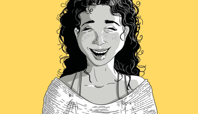 Illustration einer lächelnden Frau mit lockigem Haar und Sommersprossen, die ein schulterfreies Oberteil trägt, auf einem einfarbigen gelben Hintergrund.