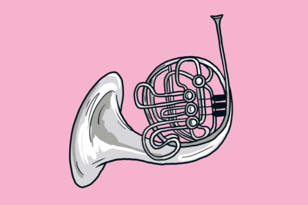 Illustration eines Waldhorns mit detaillierten Rohren und Ventilen vor einem kräftigen rosa Hintergrund.