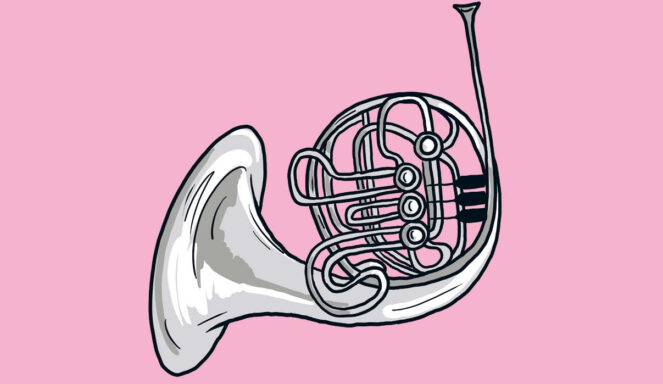Illustration eines Waldhorns mit detaillierten Rohren und Ventilen vor einem kräftigen rosa Hintergrund.