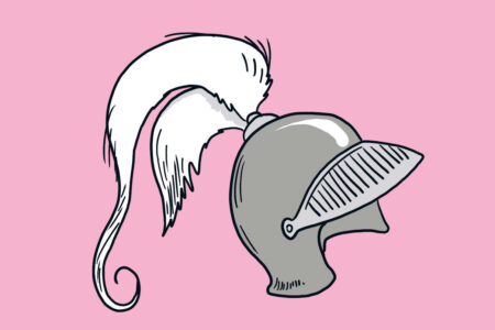 Illustration eines grauen Ritterhelms mit weißem Federbusch auf rosa Hintergrund.