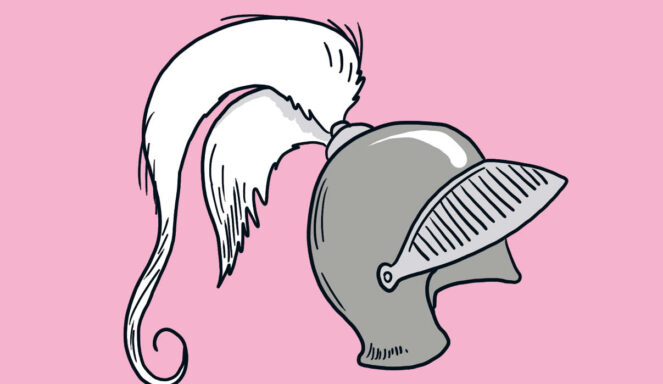 Illustration eines grauen Ritterhelms mit weißem Federbusch auf rosa Hintergrund.