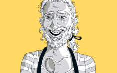 Cartoon Illustration einer lächelnden Person mit Bart, die ein gestreiftes Hemd und eine Schürze trägt, auf einem gelben Hintergrund.
