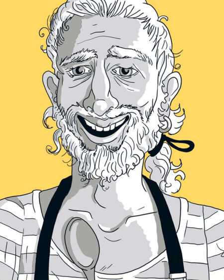 Cartoon Illustration einer lächelnden Person mit Bart, die ein gestreiftes Hemd und eine Schürze trägt, auf einem gelben Hintergrund.