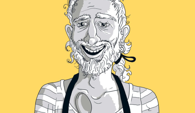Cartoon Illustration einer lächelnden Person mit Bart, die ein gestreiftes Hemd und eine Schürze trägt, auf einem gelben Hintergrund.
