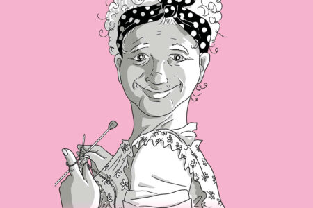 Cartoon-Frau mit lockigem Haar, Polka-Dot-Stirnband und Blumenkleid lächelt, während sie Stricknadeln vor einem rosa Hintergrund hält.