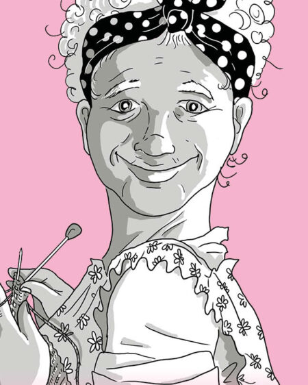 Cartoon-Frau mit lockigem Haar, Polka-Dot-Stirnband und Blumenkleid lächelt, während sie Stricknadeln vor einem rosa Hintergrund hält.