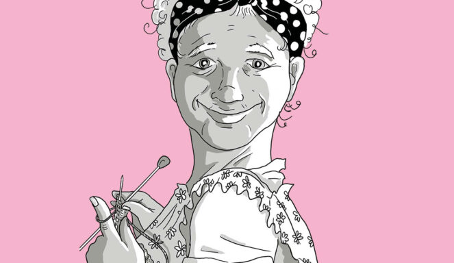Cartoon-Frau mit lockigem Haar, Polka-Dot-Stirnband und Blumenkleid lächelt, während sie Stricknadeln vor einem rosa Hintergrund hält.