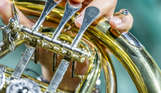 Nahaufnahme einer Hand, die die Ventile eines Waldhorns aus Messing drückt, mit detaillierten Metallarbeiten und den Fingern des Musikers.