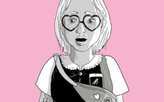 Schwarz-Weiß-Zeichnung eines überraschten Mädchens mit herzförmiger Brille, Bob-Haarschnitt und einer Crossbody-Tasche vor einem rosa Hintergrund.