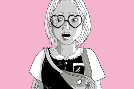Schwarz-Weiß-Zeichnung eines überraschten Mädchens mit herzförmiger Brille, Bob-Haarschnitt und einer Crossbody-Tasche vor einem rosa Hintergrund.