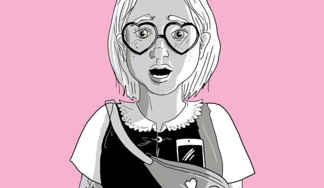 Schwarz-Weiß-Zeichnung eines überraschten Mädchens mit herzförmiger Brille, Bob-Haarschnitt und einer Crossbody-Tasche vor einem rosa Hintergrund.