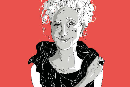 Digitale Illustration einer älteren Person mit lockigem weißem Haar, lächelnd, mit dunklem Oberteil und einem Ring, auf rotem Hintergrund.