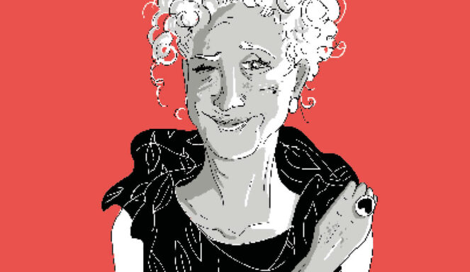 Digitale Illustration einer älteren Person mit lockigem weißem Haar, lächelnd, mit dunklem Oberteil und einem Ring, auf rotem Hintergrund.