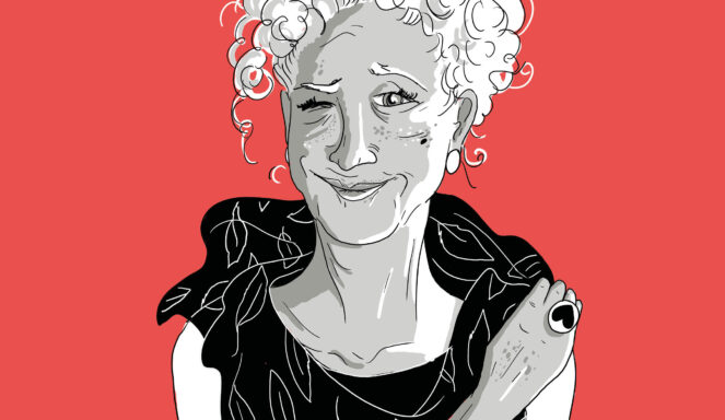Schwarz-Weiß-Illustration einer älteren Frau mit lockigem Haar, die zwinkert und ein Oberteil mit Blattmuster trägt, vor rotem Hintergrund.