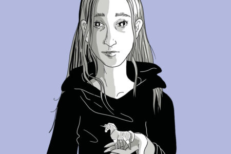Schwarz-Weiß-Illustration einer Person in einem dunklen Kapuzenpulli, die ein kleines Origami-Einhorn hält, vor einem hellvioletten Hintergrund.