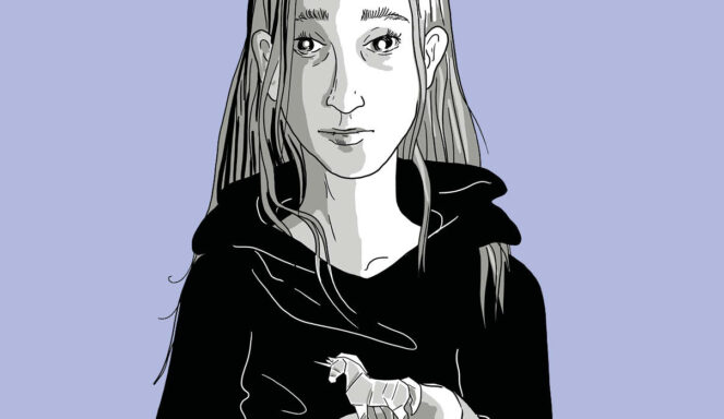 Schwarz-Weiß-Illustration einer Person in einem dunklen Kapuzenpulli, die ein kleines Origami-Einhorn hält, vor einem hellvioletten Hintergrund.