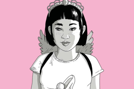 Schwarz-Weiß-Illustration eines Mädchens mit einer Tiara, Engelsflügeln und einem T-Shirt, das einen Schuh hält, vor einem rosa Hintergrund.