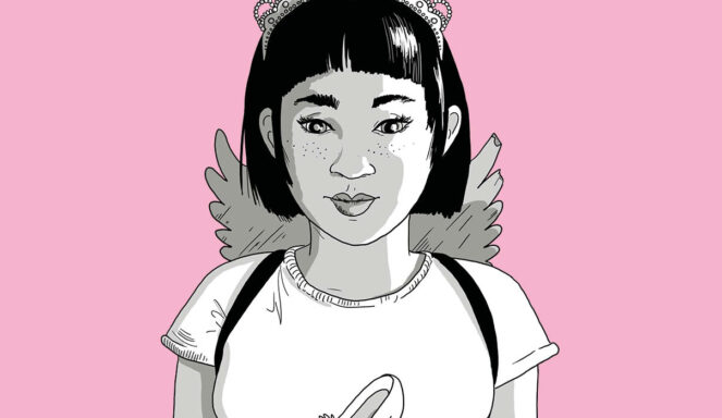 Schwarz-Weiß-Illustration eines Mädchens mit einer Tiara, Engelsflügeln und einem T-Shirt, das einen Schuh hält, vor einem rosa Hintergrund.