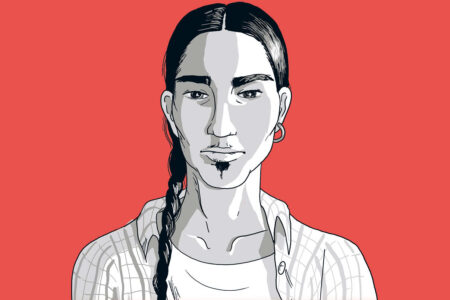 Illustration einer Person mit langen dunklen Haaren in einem Zopf, die ein kariertes Hemd und einen Ohrring trägt, vor einem einfarbigen roten Hintergrund.