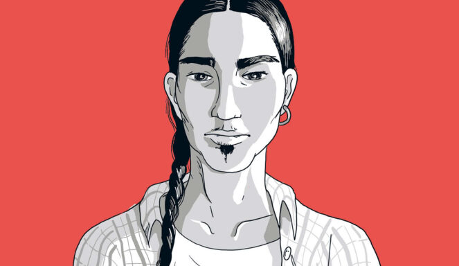 Illustration einer Person mit langen dunklen Haaren in einem Zopf, die ein kariertes Hemd und einen Ohrring trägt, vor einem einfarbigen roten Hintergrund.