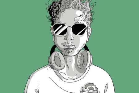Schwarz-Weiß-Zeichnung einer Person mit lockigem Haar, Sonnenbrille, einem Verband auf der Stirn, Kopfhörern um den Hals und einem T-Shirt. Grüner Hintergrund.