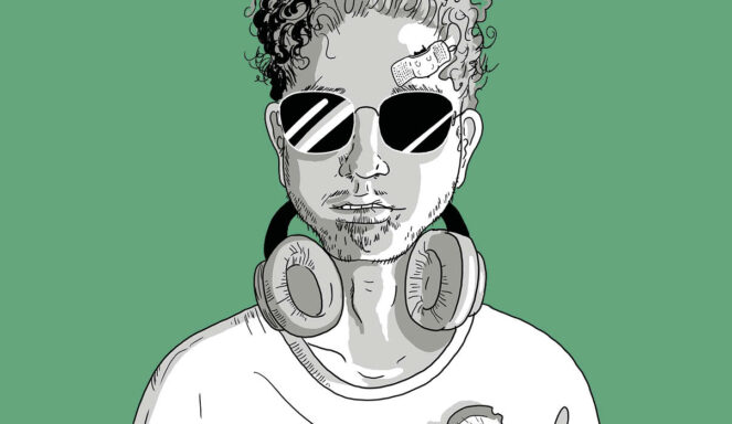 Schwarz-Weiß-Zeichnung einer Person mit lockigem Haar, Sonnenbrille, einem Verband auf der Stirn, Kopfhörern um den Hals und einem T-Shirt. Grüner Hintergrund.