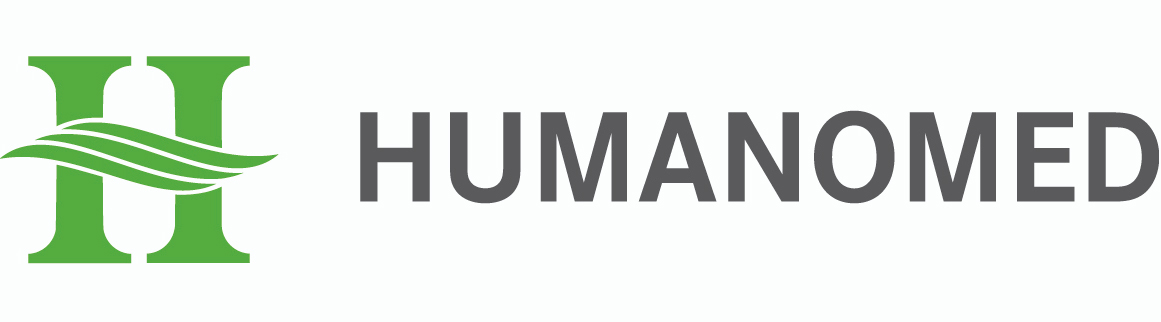 Grüner Buchstabe "H" mit einem Wellenmuster links neben dem Wort "HUMANOMED" in Grau auf weißem Hintergrund.