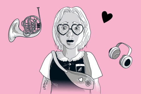Illustration eines Mädchens mit herzförmiger Brille, einer Gürteltasche und Kopfhörern, umgeben von einem Waldhorn, einem Herz und einem Smartphone vor einem rosa Hintergrund.