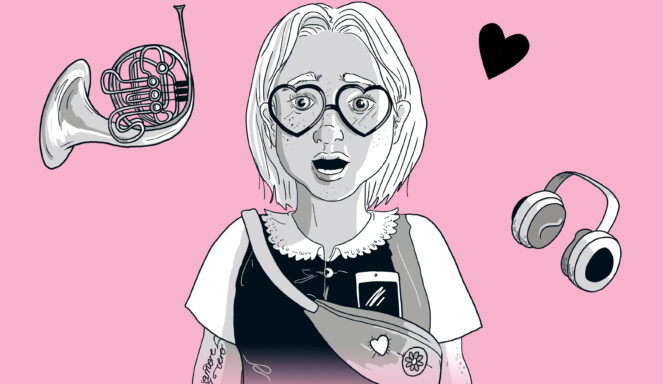 Illustration eines Mädchens mit herzförmiger Brille, einer Gürteltasche und Kopfhörern, umgeben von einem Waldhorn, einem Herz und einem Smartphone vor einem rosa Hintergrund.