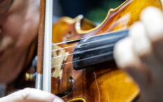 Nahaufnahme einer Geige spielenden Person, wobei der Schwerpunkt auf der Hand liegt, die die Saiten anschlägt, und dem Bogen, der sich über das Instrument bewegt.